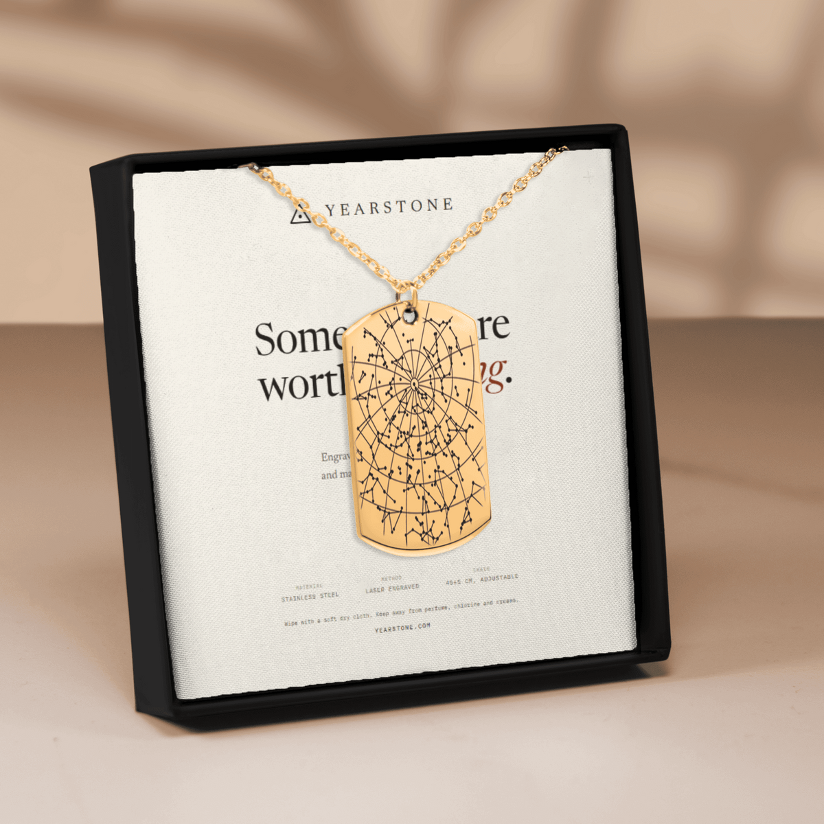 Gold plated star map tag necklace presented on a Yearstone card