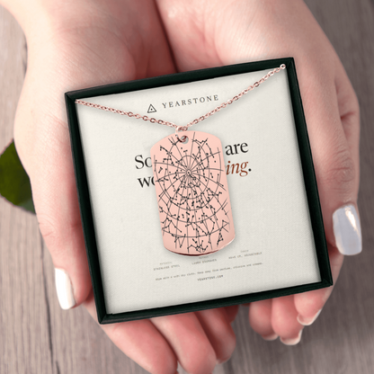Hands holding the gift box with a rose gold plated star map tag necklace