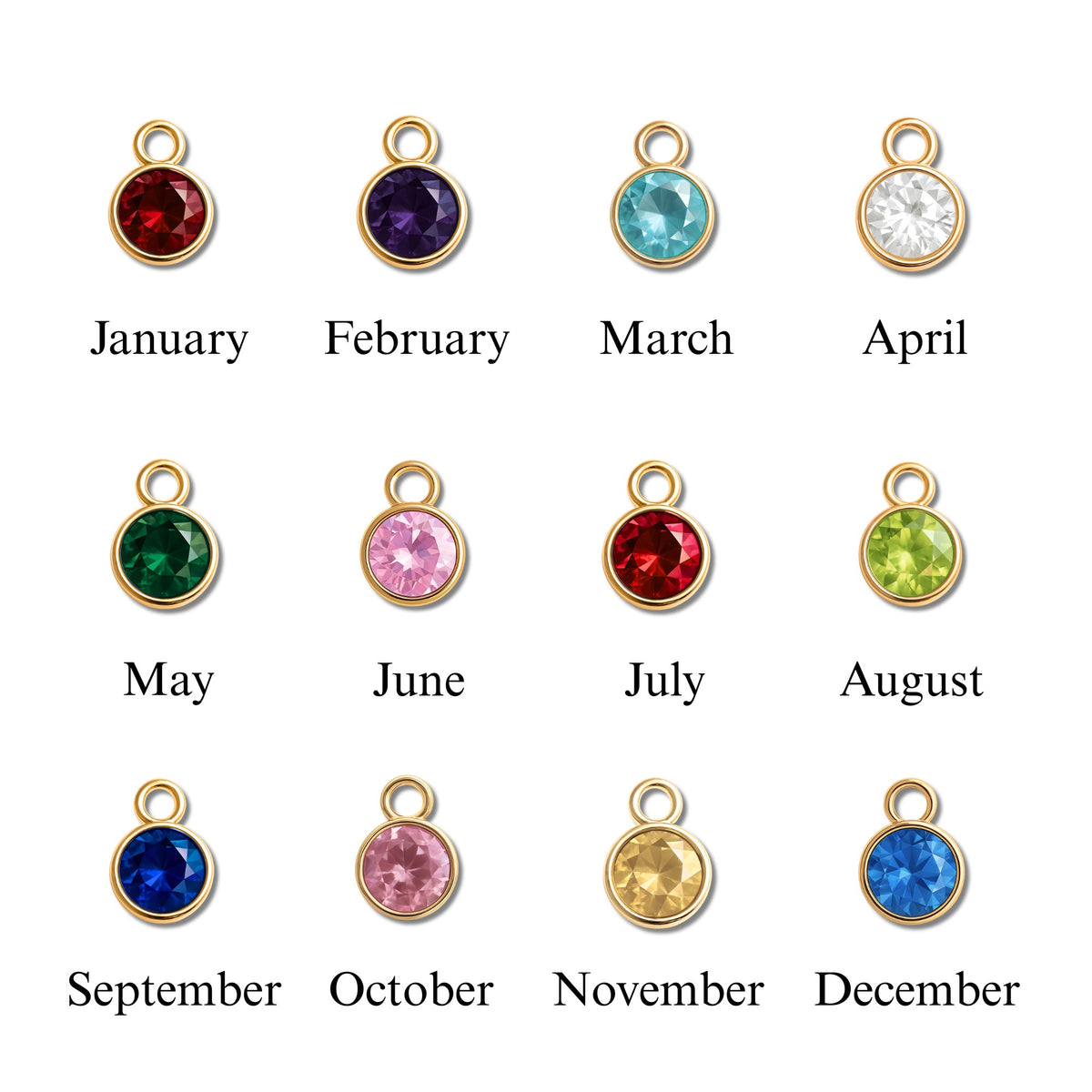 Chart of the twelve birthstones, one for each month of the year
